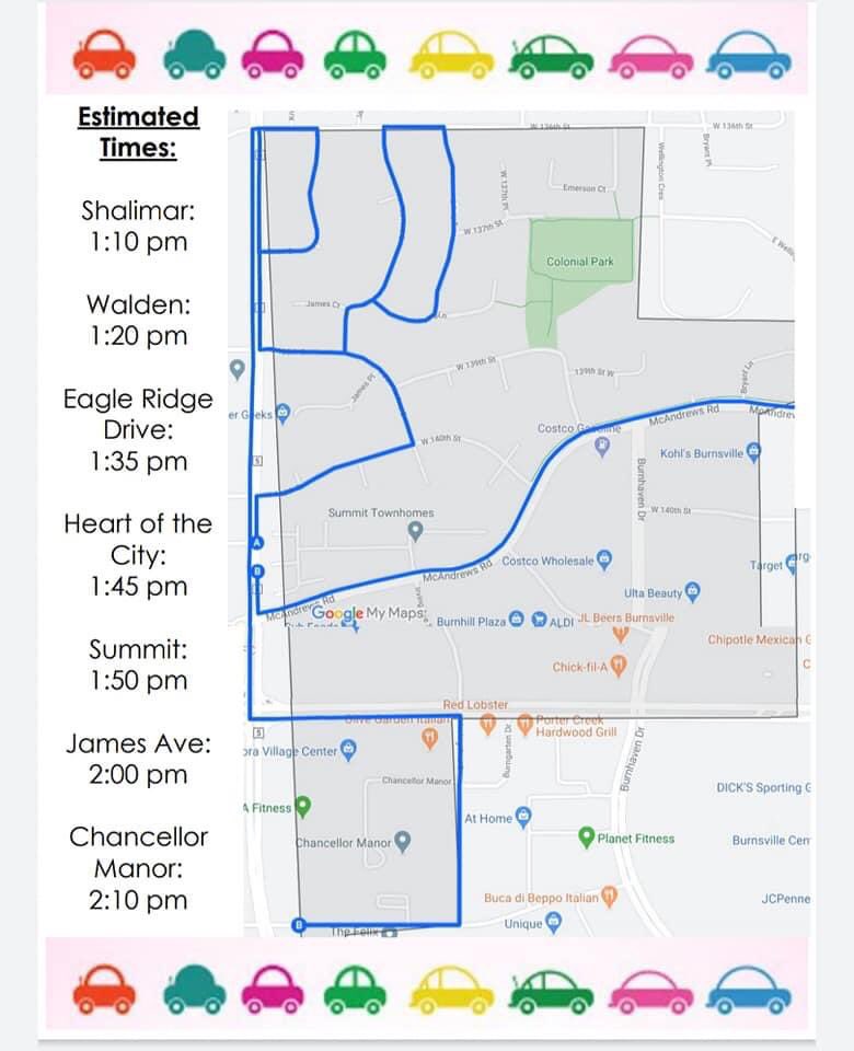 eccabay08's tweet photo. Hey, @gideon_pond families! Get your noise makers out! We are doing a teacher parade TOMORROW (Friday) at 1:00PM! See below for our route and the approximate times when we will arrive in your neighborhood. Remember to social distance and be safe as we drive through! 🚗🚙 @ISD191 https://t.co/5mDEphRir5