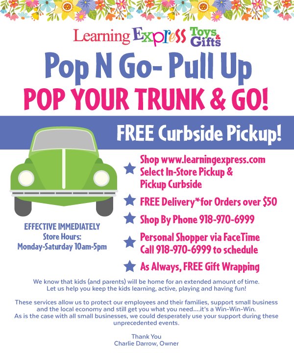 VineonMemorial's tweet photo. NEW SERVICE from Learning Express Toys of Tulsa!

Order Ahead, Pull Up, Pop Your Trunk &amp; Go!

More details on all of the services they are offering to keep your kids entertained, keep you sane &amp; keep a small business going in the photo. https://t.co/l75x9jd72F