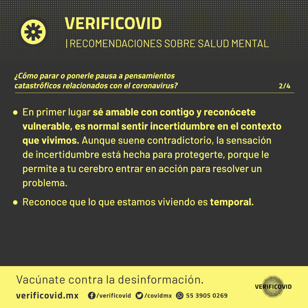 covidmx's tweet photo. ¿Qué hacer si tienes pensamientos catastróficos relacionados con el #Covid_19 😰🙁😓?
Te compartimos estas estrategias basadas en la Teoría Cognitivo Conductual para ponerlos en pausa y saber qué hacer con ellos. https://t.co/S0Yatf2Eti