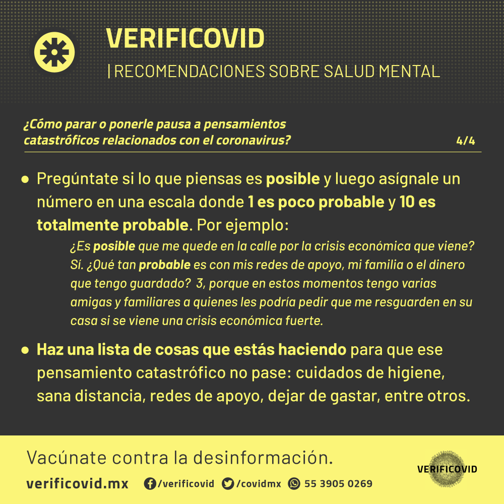 covidmx's tweet photo. ¿Qué hacer si tienes pensamientos catastróficos relacionados con el #Covid_19 😰🙁😓?
Te compartimos estas estrategias basadas en la Teoría Cognitivo Conductual para ponerlos en pausa y saber qué hacer con ellos. https://t.co/S0Yatf2Eti