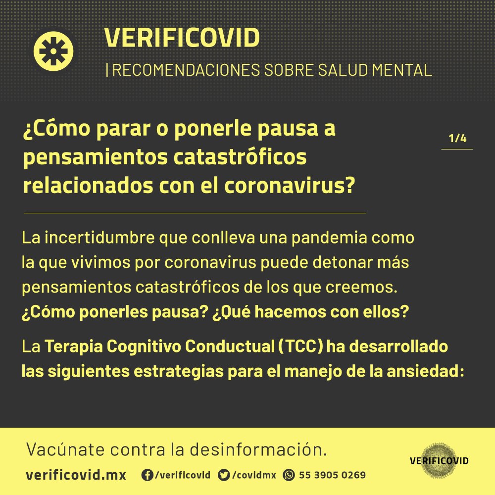covidmx's tweet photo. ¿Qué hacer si tienes pensamientos catastróficos relacionados con el #Covid_19 😰🙁😓?
Te compartimos estas estrategias basadas en la Teoría Cognitivo Conductual para ponerlos en pausa y saber qué hacer con ellos. https://t.co/S0Yatf2Eti