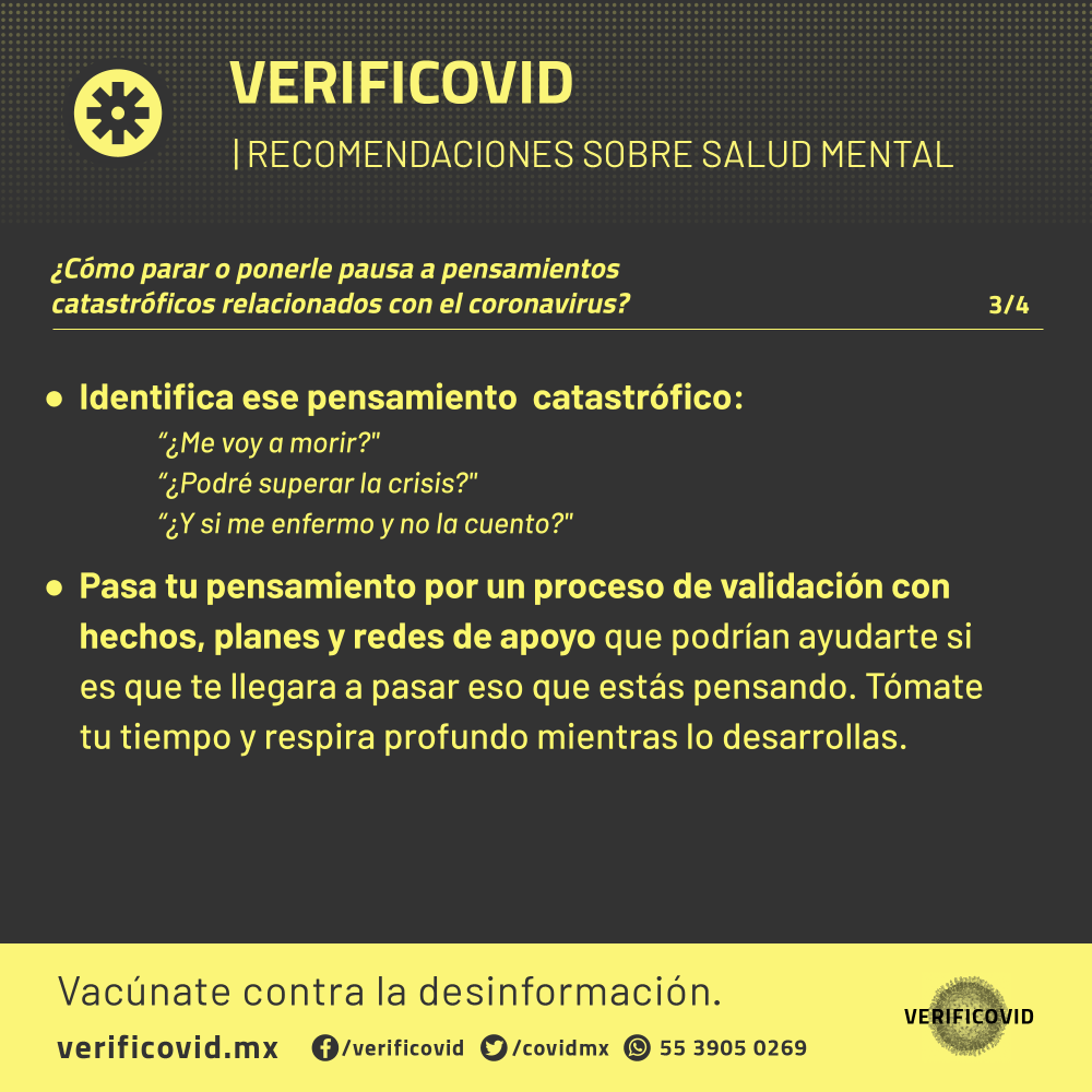 covidmx's tweet photo. ¿Qué hacer si tienes pensamientos catastróficos relacionados con el #Covid_19 😰🙁😓?
Te compartimos estas estrategias basadas en la Teoría Cognitivo Conductual para ponerlos en pausa y saber qué hacer con ellos. https://t.co/S0Yatf2Eti