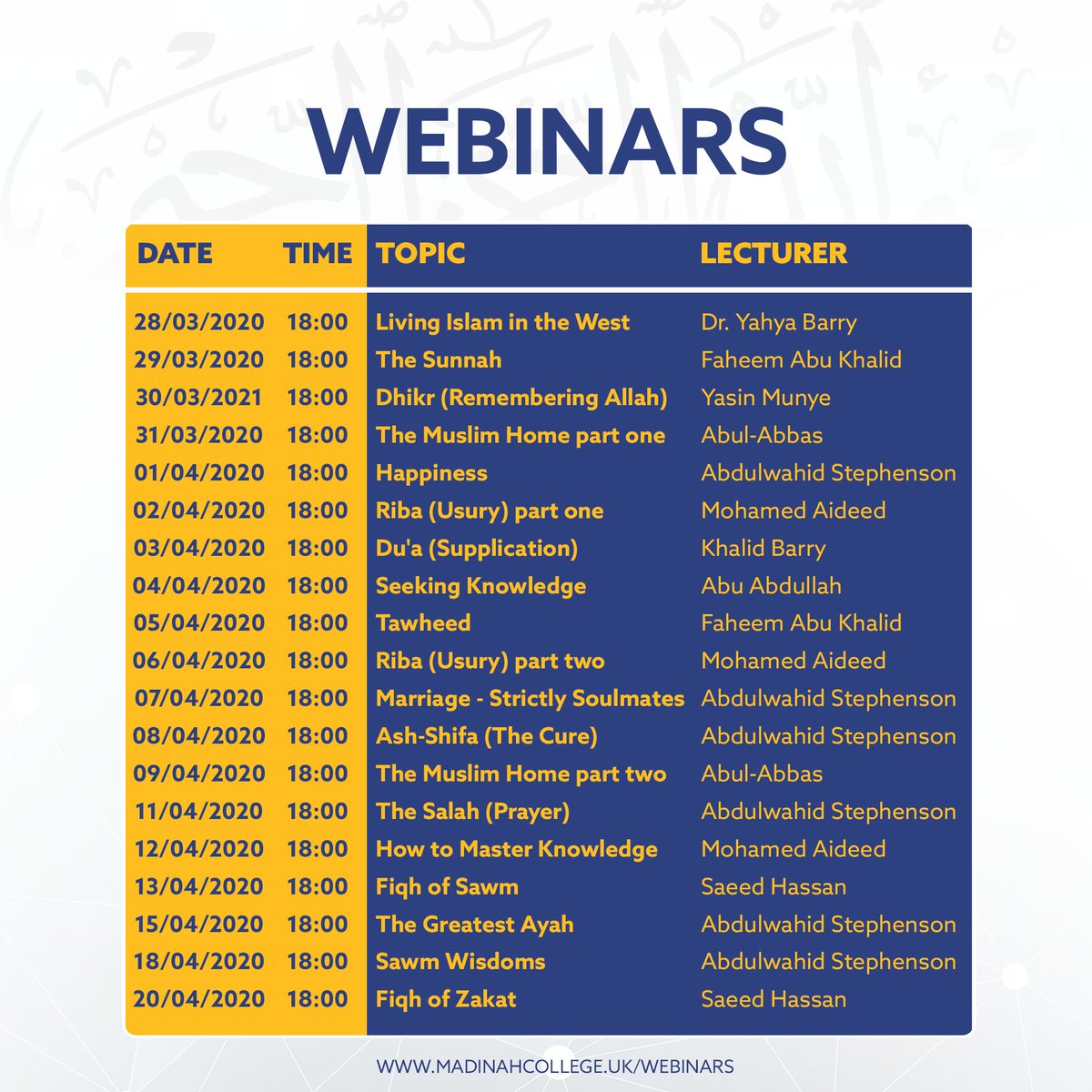 madinah_college's tweet photo. 💻📚 FREE Online Webinars 💻📚 

Our webinars consists of different topics pertaining to our religion and will be delivered by taught graduates from Islamic Universities, professionals and students.

https://t.co/aXznQ5trMT https://t.co/L1Gmhz13lV