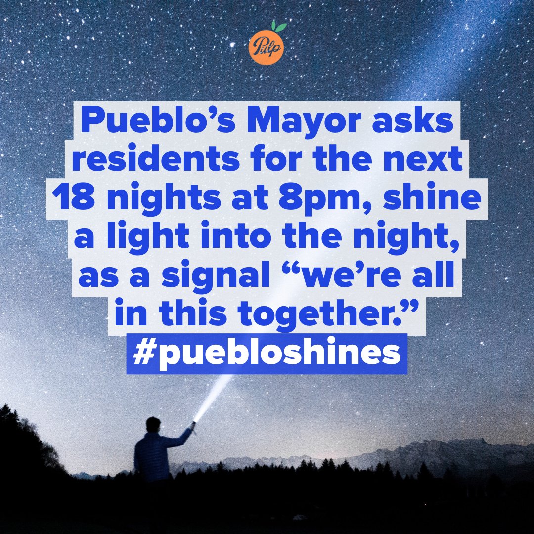 pulpcolorado's tweet photo. A first: Mayor Nick Gradisar has called on Puebloans to shine a light united at 8 p.m. for 18 nights as a symbol of hope to healthcare workers, first responders and the community.  #puebloshines https://t.co/WVsl2O3wuN