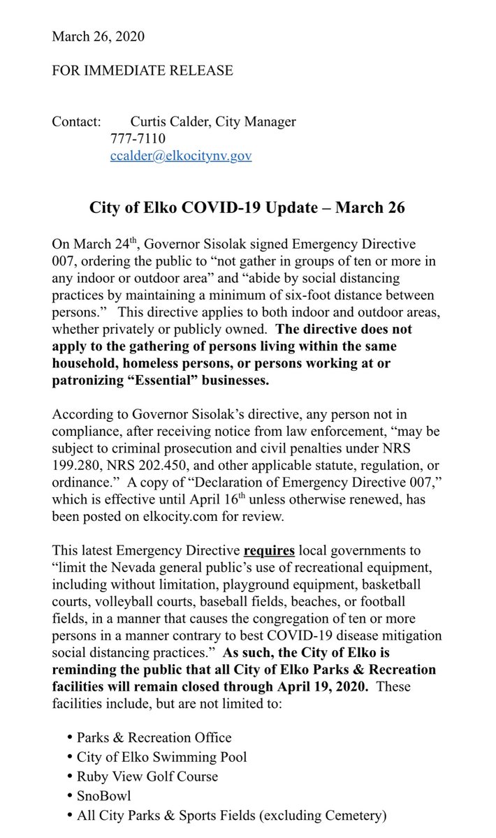 ElkoFire's tweet image. City of Elko COVID-19 press release update