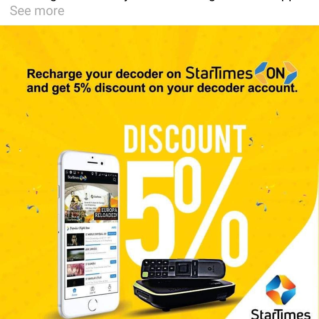 StartimesOn's tweet photo. Recharge your StarTimes decoder on the #StarTimesON app and get 5% discount on your decoder account.
Recharge made easy and rewarding... Get the app now on Google Play and iOS App stores or click to download here >> https://t.co/nrqARCfxBP.
#StarTimesApp #MobileApp #StarTimes https://t.co/GK64ZQDcr7