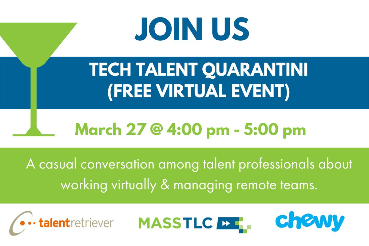 Join us Friday at 4:00 for a virtual "Tech Talent Quarantini" brought to you by <a href="/masstlc/">Mass Technology Leadership Council</a>. The interactive conversation will feature some amazing people from <a href="/Chewy/">Chewy</a>. We'll be discussing how to manage the "new normal." Click here for more info: bit.ly/33OMplw