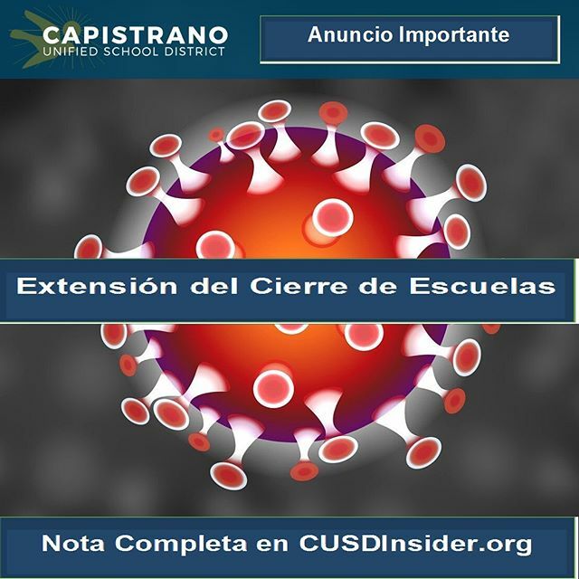 HankeyIB's tweet photo. Anuncio importante: Durante una reunión especial del 25 de marzo, la Mesa Directiva del Distrito Escolar Unificado de Capistrano votó para continuar #distancelearning y extender el cierre de las escuelas hasta el 1 de mayo del 2020,¡Visite CUSDInsider.or… https://t.co/87IGPbbNFX https://t.co/Y79k7viFJo