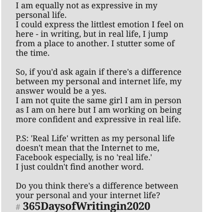 Amaaranthine's tweet photo. 365 DAYS OF WRITING IN 2020. #day86
WHAT'S THE DIFFERENCE BETWEEN YOUR PERSONAL AND INTERNET LIFE?
#365DaysofWritingin2020
#storritella
#internetlife
#WritingCommunity
#writerscommunity
#writerslife
#writingprompt
#WritersInQuarantine
#Read
#ReadAtHomeChallenge https://t.co/Hs1V3KxbSv