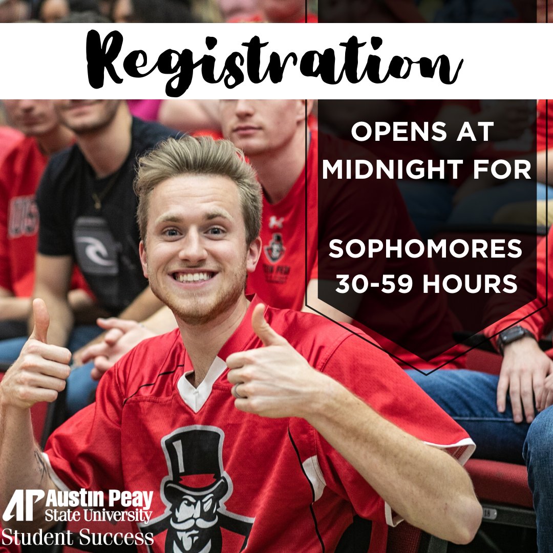 APSUSuccess's tweet photo. Sophomores register at MIDNIGHT! Get the classes you need with the professors you want. Register tonight! #GovsGetRegistered #APSUSuccess https://t.co/5F63qZzFAY