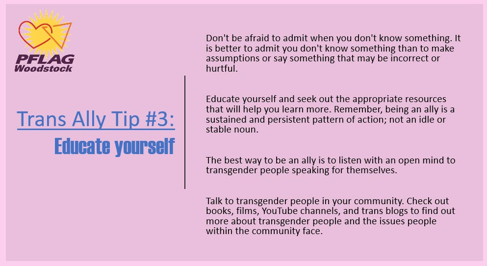 Trans Ally Tip #3: Educate yourself

What are some trusted websites you recommend for educating yourself?

#transgenderdayofvisibility #transally #transgenderally