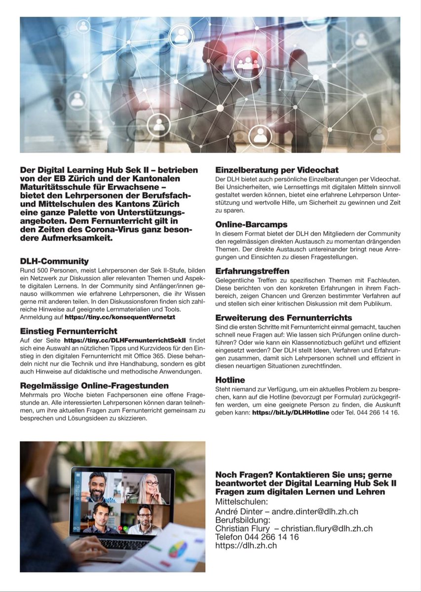 Der <a href="/dlhsekII/">Digital Learning Hub Sek II</a> bietet Lehrpersonen der Berufsfach- und Mittelschulen des Kantons Zürich eine ganze Palette an Unterstützungsangeboten. Sehr hilfreich in Zeiten von #coronavirus und #fernunterricht.