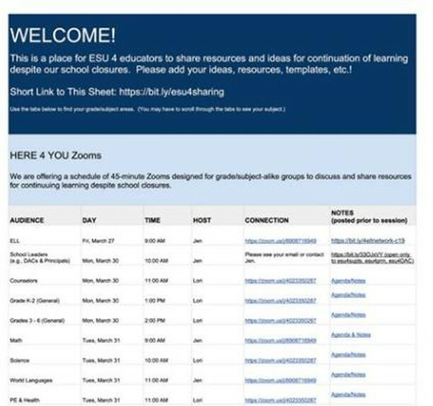 The Teaching &amp; Learning Team will be hosting "Here 4 You" Zoom meetings for various grade bands and content areas. Please see the flyer for more details, including dates and times! We hope to "see" you soon! #ESU 4 #Here4You bit.ly/esu4sharing ift.tt/33Q8znO