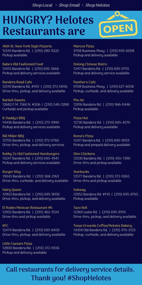 City_of_Helotes's tweet photo. Hungry? The following Helotes restaurants are open for business. Dining inside is prohibited through April 9, but you can still enjoy your favorite food! #shophelotes #visithelotes #helotestx https://t.co/7y5VGe05s0
