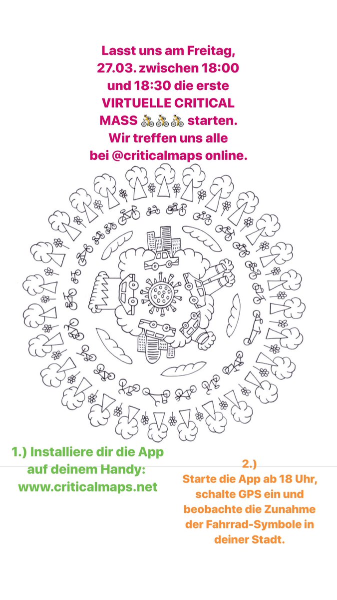 cm_hh's tweet photo. Not macht bekanntlich erfinderisch. 😷💡 Lasst uns morgen am Freitag, 27.03. zwischen 18:00 und 18:30 die „erste“ VIRTUELLE CRITICAL MASS 🚴🚴🚴 starten. Wir treffen uns alle bei @CriticalMaps online. Screenshots machen und Uploaden ! https://t.co/MDpoV6f7MQ