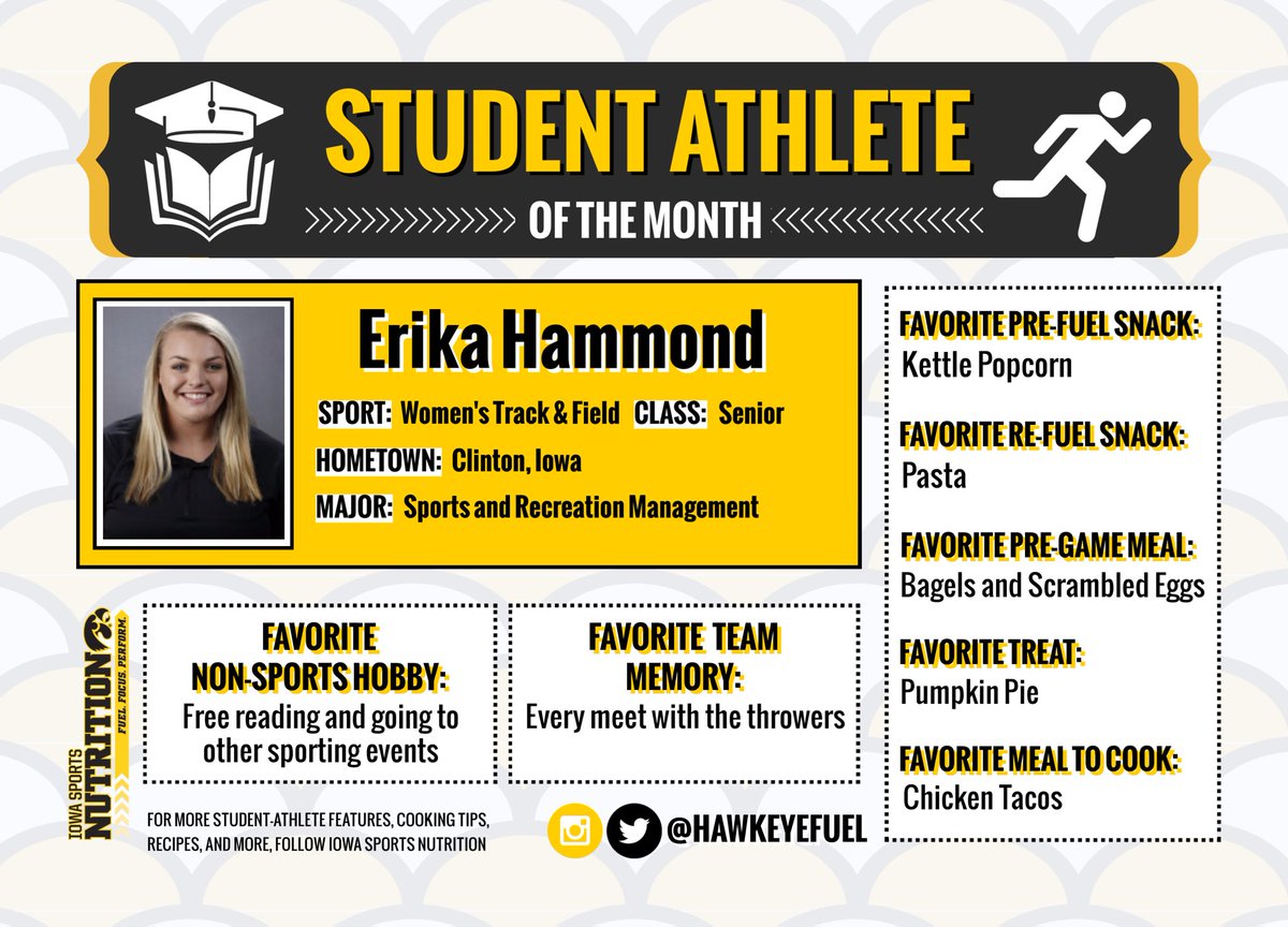 HawkeyeFuel's tweet photo. They’re no longer on campus, but we still want to give a shout-out 🗣 to March’s Student Athletes of the Month 📆. Tanner and Erika compete for @iowaxctf 🏃🏾♂️🏋🏼♀️and love to fuel⛽️ with performance foods like pssta and eggs #hawkfuel #hawkfocus #hawkperform https://t.co/09MGH49PeX