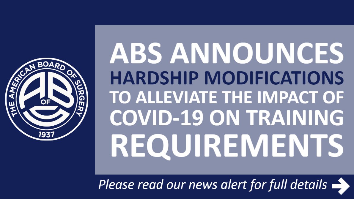 AmBdSurg's tweet photo. ABS will make modifications to training requirements across all specialties to alleviate the impact of #COVID19 on completing training time, case numbers, &amp; more - https://t.co/glMhRrlmdk https://t.co/bAEcR8qMMH