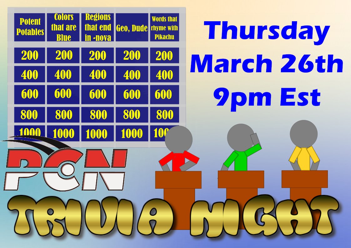 PokeCasters's tweet photo. In just under three hours we start trivia night! Free and open to all. 9pm Est is when we start. Bring a friend! 
https://t.co/d9VugUvi2B
@PokemonGoFm @pokepress @pokemonscience @MyFavoritePKMN @PKMN_Millennium @platlegends @disaster_league @PokemonMindBody https://t.co/Hajky2hsgc