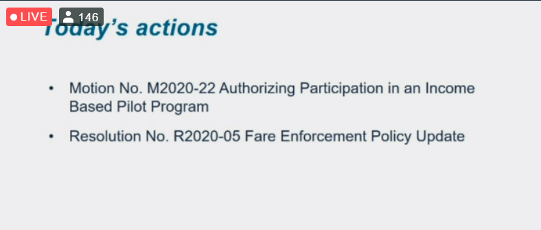 TranspoChoices's tweet photo. 🎉@SoundTransit Motion M2020-22 authorizing an income-based fare pilot program passes!! Next up, R2020-05 #FareEnforcement policy update. https://t.co/tCQE4kcezY