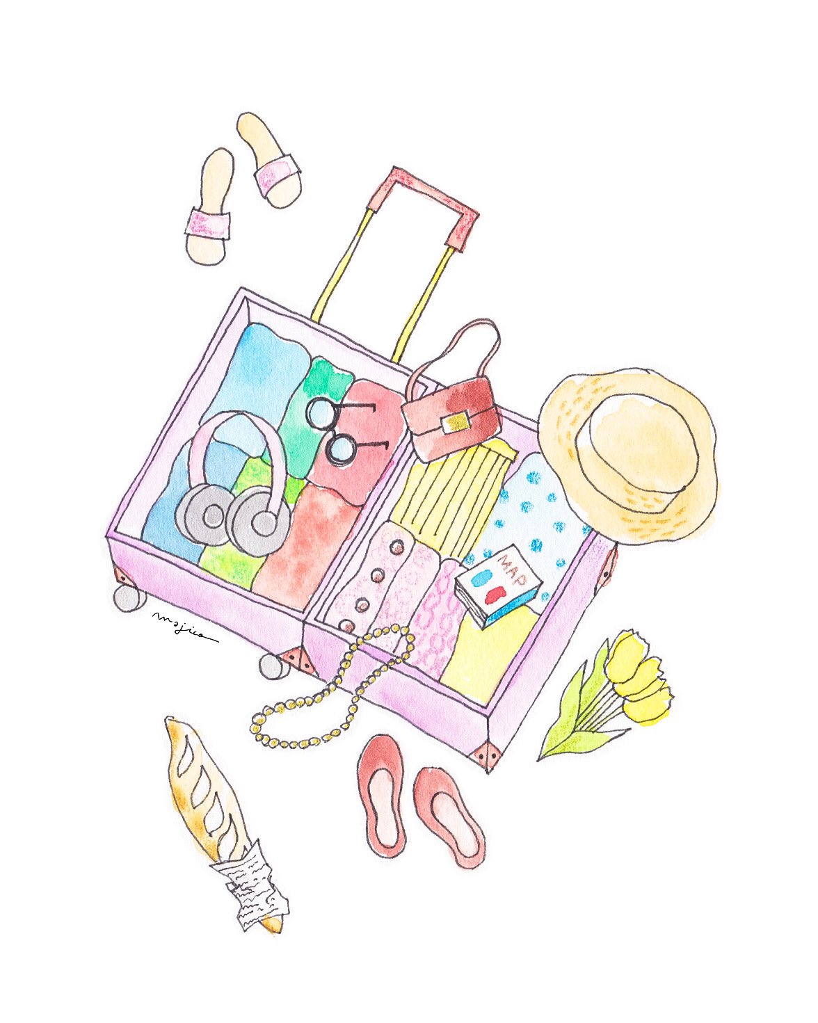 Majico 彼女のキャリーバッグの中身 Trip Bag Whatsinmybag Draw Drawing Watercolor Illust Illustration Sketch Art Majico 일러스트 イラストレーション イラスト イラストレーター ペン画 絵 人物 水彩画 挿絵 ファッション