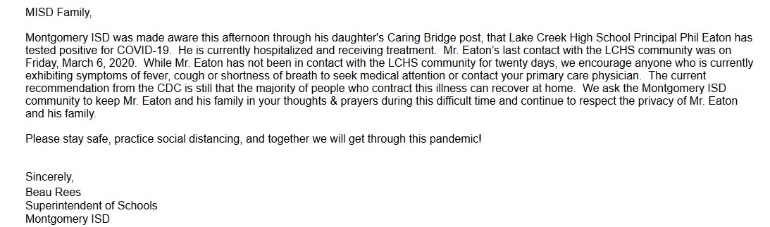 MontgomeryISD's tweet photo. The following message was released today by MISD Superintendent Dr. Beau Rees.  The letter can also be found on the MISD Facebook page for easier viewing. https://t.co/npJFC8Kmxp