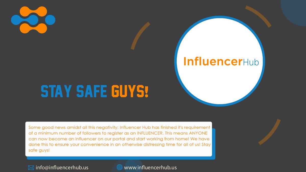 Influencerrhub's tweet photo. SOME GOOD NEWS amidst all this negativity: Influencer Hub has finished it's requirement of a minimum number of followers to register as an INFLUENCER. This means ANYONE can now become an influencer on our portal and START WORKING FROM HOME! 
BECAUSE WE CARE ABOUT YOU! https://t.co/VLukwbOv5V