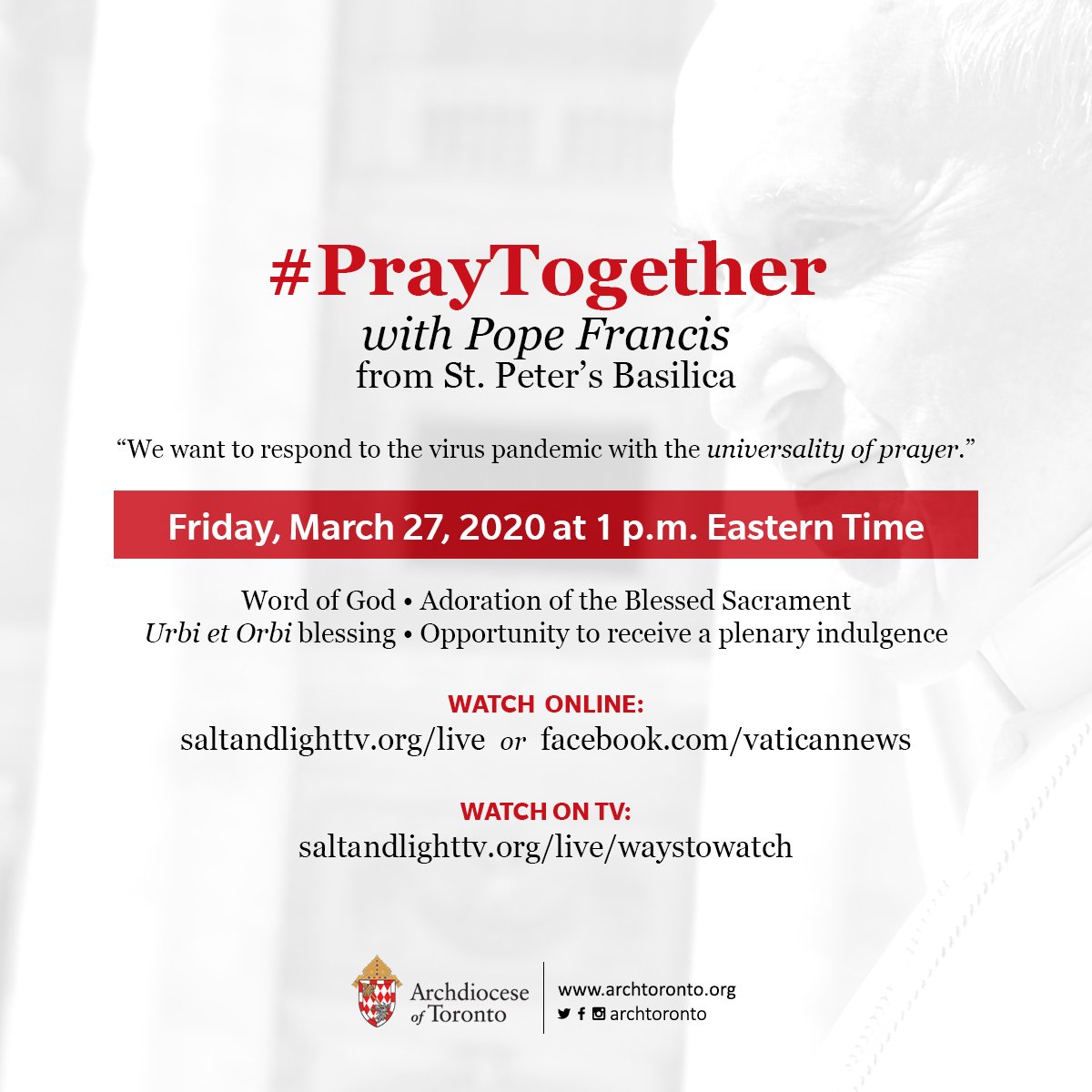 #PrayTogether: Join Pope Francis on Friday, March 27 at 1 p.m. Eastern Time for a special Urbi et Orbi blessing live from St. Peter's Basilica.

Follow along via <a href="/saltandlighttv/">Salt + Light Media</a> at saltandlighttv.org/live or facebook.com/saltandlighttv