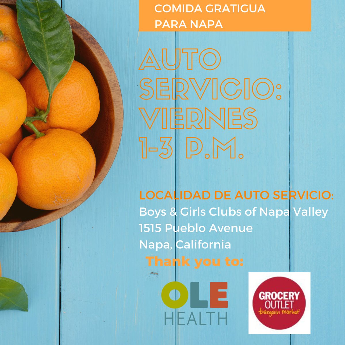 OLE Health (@olehealth) on Twitter photo Friday, we have free bagged food for pickup at the Boys & Girls Clubs of #NapaValley at 1515 Pueblo Avenue, Napa, on Friday 1-3 pm ¡Familias y comunidad! Tenemos voluntarios y donantes muy generosos <a href="/GroceryOutlet/">Grocery Outlet</a> que proporciona comida gratis;1515 Pueblo Ave #Napa viernes 1-3 pm Friday, we have free bagged food for pickup at the Boys & Girls Clubs of #NapaValley at 1515 Pueblo Avenue, Napa, on Friday 1-3 pm ¡Familias y comunidad! Tenemos voluntarios y donantes muy generosos <a href="/GroceryOutlet/">Grocery Outlet</a> que proporciona comida gratis;1515 Pueblo Ave #Napa viernes 1-3 pm
