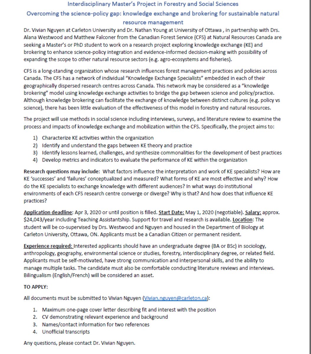 Vivian M Nguyen (@vivmn) on Twitter photo Pls RT: I am seeking a MA, MSc or PhD student to conduct research on #scipol, knowledge brokering, and evaluating science impact in natural resource management. Start May 1, 2020 (negotiable) <a href="/CarletonScience/">Carleton Science</a> and working w <a href="/NRCan/">Natural Resources</a>, <a href="/AAFC_Canada/">AAFC Canada</a>. Position funded by <a href="/SSHRC_CRSH/">SSHRC</a> Pls RT: I am seeking a MA, MSc or PhD student to conduct research on #scipol, knowledge brokering, and evaluating science impact in natural resource management. Start May 1, 2020 (negotiable) <a href="/CarletonScience/">Carleton Science</a> and working w <a href="/NRCan/">Natural Resources</a>, <a href="/AAFC_Canada/">AAFC Canada</a>. Position funded by <a href="/SSHRC_CRSH/">SSHRC</a>