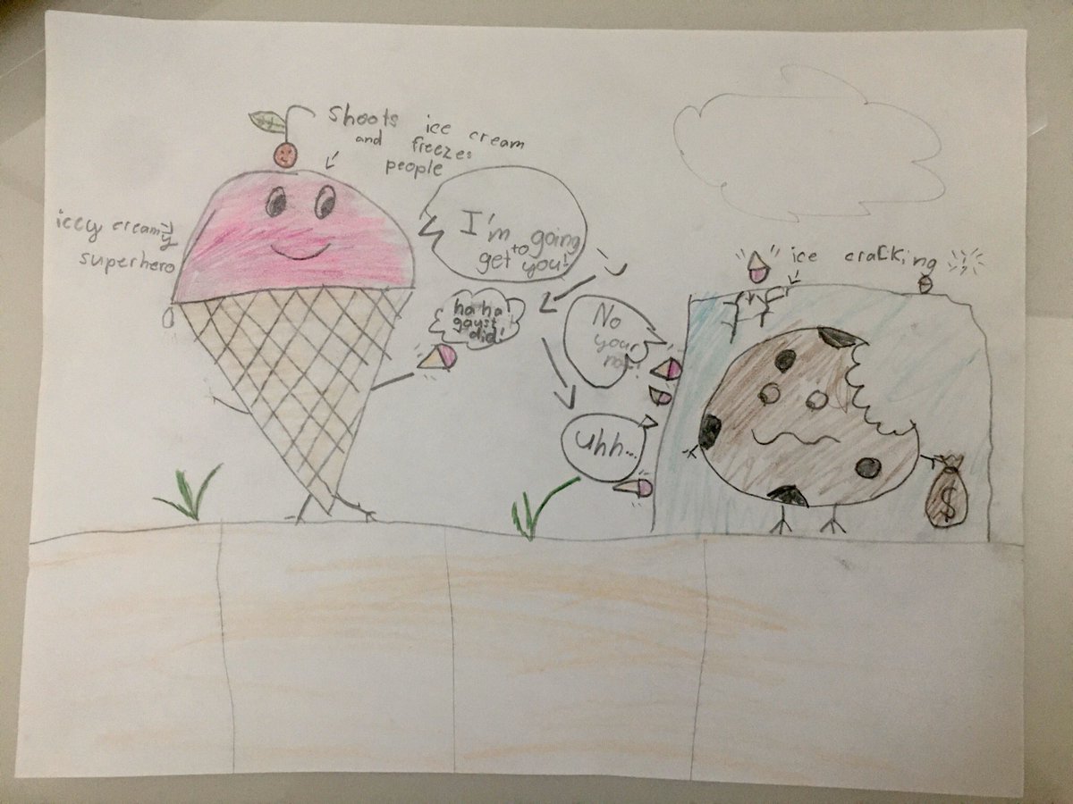 _sarangjaiswal's tweet photo. @PrincipalKaese Day 4 Challenge Accepted! 
Anaya created “Icy Creamy Super Hero” who shoots bad guys with “ice cream &amp; freezes them”

She drew a picture about Cookie steeling money &amp; superhero saving the world.

It’s true, Imagination has no limits 😃
#IvySpringBreak #IvyHillLeague @AsimaBhatty https://t.co/ZmibE99zfi