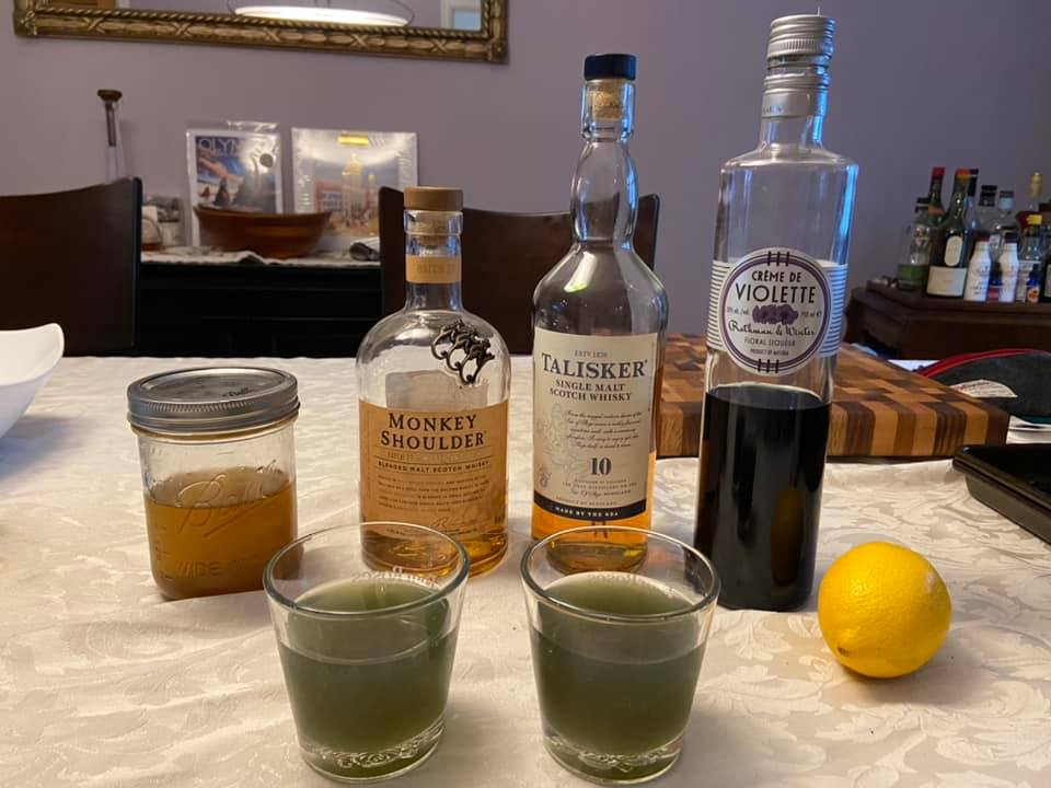 The Cloudy Skye (scotch violet riff)1.5 oz Monkey Shoulder blended scotch0.5 oz Talisker 10 single malt scotch0.75 oz Creme de Violette1 oz lemon juice0.25 oz honey-ginger simple syrup