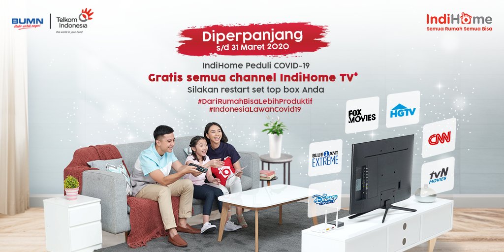 #DiRumahAja jadi makin asyik karena IndiHome berikan promo free all channel hingga tanggal 31 Maret 2020 khusus untuk Sobat IndiHome.

Tinggal restart Hybrid Box, dan tonton berbagai tayangan seru di rumah bersama keluarga.
#StayAtHome
#IndonesiaLawanCovid19
#SemuaRumahSemuaBisa