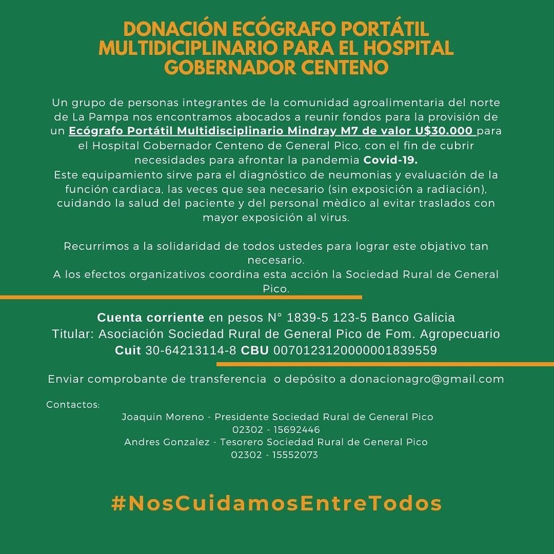 ⚠️DONACION ECOGRAFO PORTATIL MULTIDISCIPLINARIO
PARA EL HOSPITAL GOBERNADOR CENTENO⚠️

Recurrimos a la solidaridad de todos ustedes para lograr este objetivo tan necesario🙏

Más info en el flyer. 

#NosCuidamosEntreTodos #QuedateEnCasa #covid19