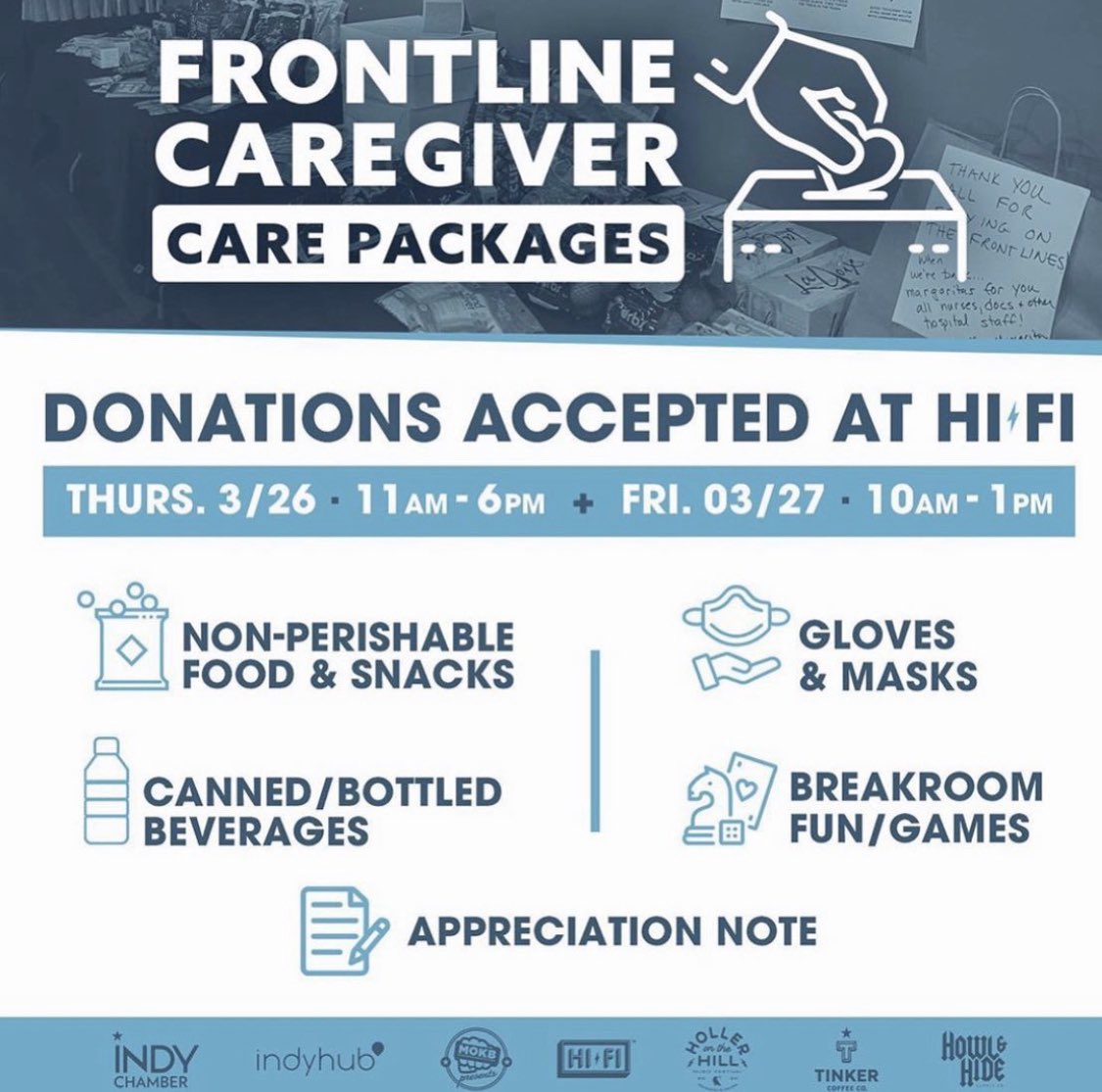ashjmiser's tweet image. Collections for #indy first responders, caregivers, and medical teams. Drop off items at the @HifiIndy #tomorrow, Friday from 10am-1pm. mokbpresents.com/covid-19-hifi-…  #peoplemakethecity #indycares