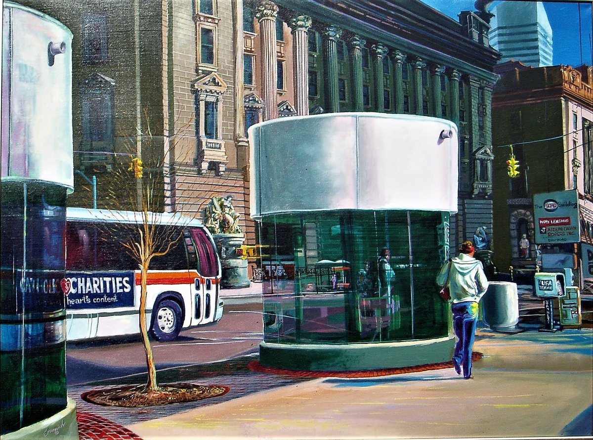 lovearmd's tweet photo. #socialdistancing #Cleveland style. "Cold Day Downtown" by #AnthonyEterovich, part of "A Thrilling Act: The Art of Anthony Eterovich #nextopening @massmu on 9.12.20. Dated 1993 Can you spot the two people not adhering the rules? Eterovich is represented by @TregoningandCo https://t.co/c66BlQCkWS