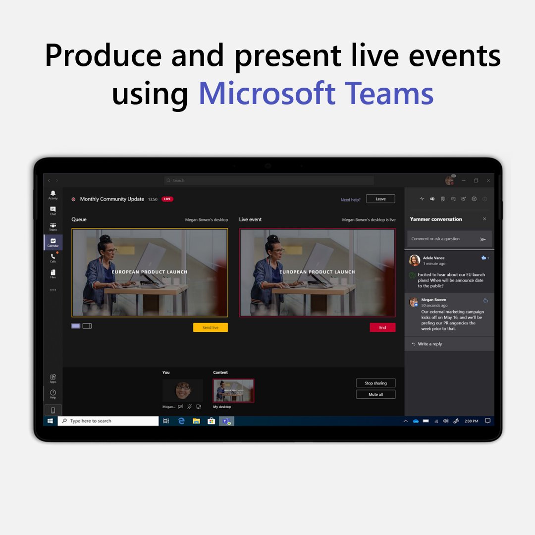 MicrosoftTeams's tweet photo. You can now use #MicrosoftTeams for producing and presenting live events in @Yammer — including webcam and screen-sharing. Read more about it here: https://t.co/98a7yoiUtF