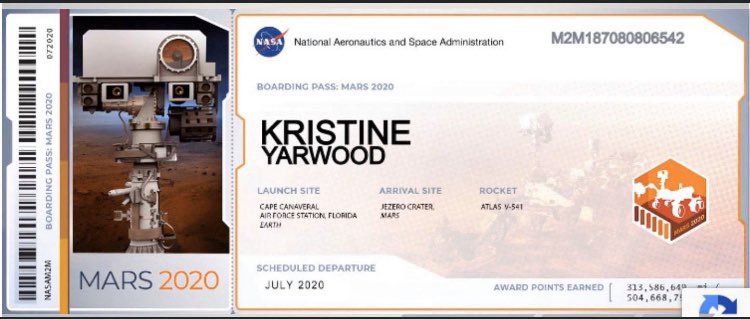 KristineYarwood's tweet image. I’ll be there! 🚀 #Mars2020 #boardingpass #goingtoMars