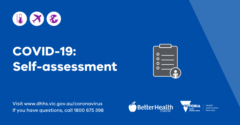 VicGovDH's tweet photo. Our self-assessment tool can help Victorians understand the precautions they should take in the face of #COVID19. 

Share the tool with your community: https://t.co/EB7wKLWORp https://t.co/MxfdXK1VnC