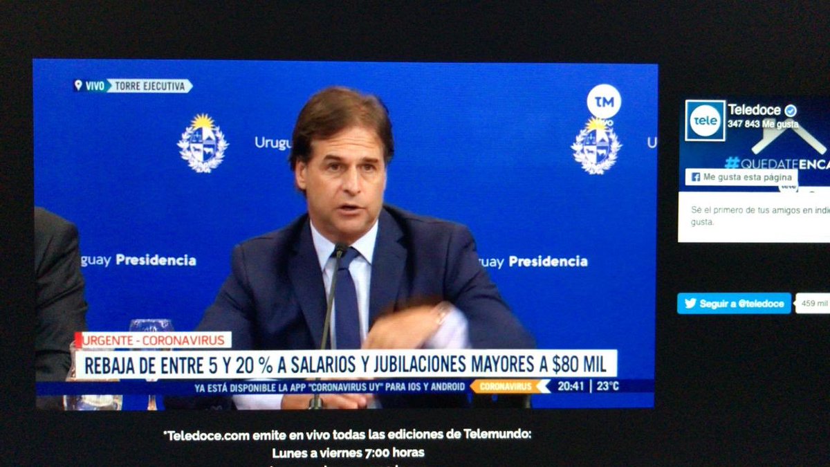 AHORA. Uruguay anuncia rebaja de 20% de salarios de funcionarios públicos que ganan más de 80.000 pesos para enfrentar la crisis sanitaria.