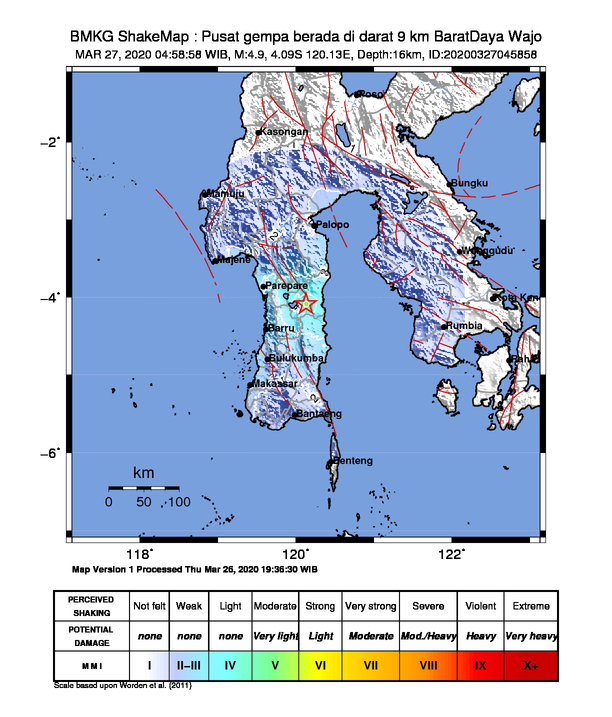 infoBMKG's tweet photo. #Gempa Mag:4.9, 27-Mar-20 04:58:58 WIB, Lok:4.09 LS, 120.13 BT (Pusat gempa berada di darat 9 km BaratDaya Wajo), Kedlmn:16 Km Dirasakan (MMI) II Tanete, II-III Sopeng, III Sengkang, II Sidrap, II Pinrang #BMKG https://t.co/WOoof9EhFv