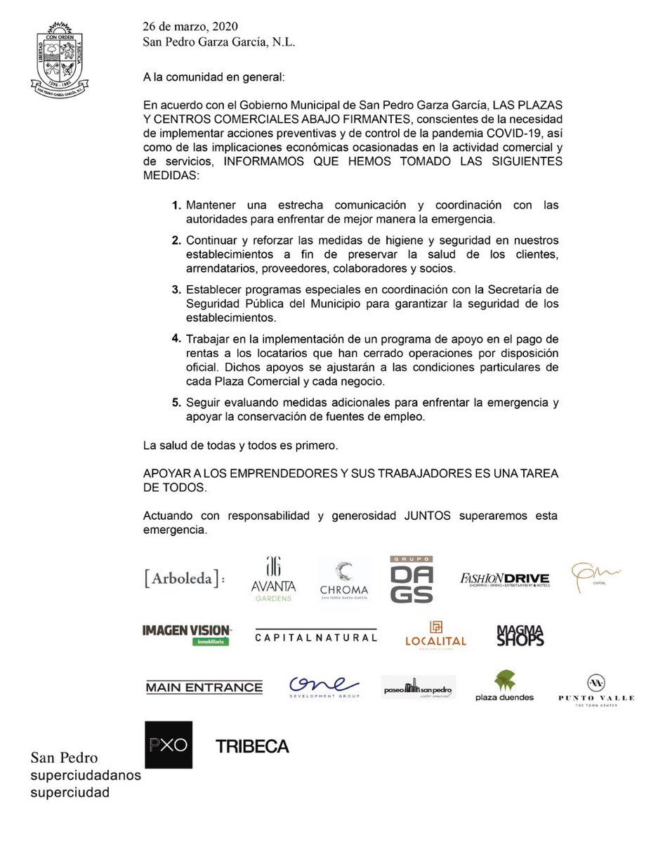 miguelbtrevino's tweet photo. Los centros y plazas comerciales de #SPGG informan a la comunidad de estos compromisos:

- Apoyar a sus locatarios en el pago de la renta, según sus condiciones particulares
- Extremar medidas de higiene
- Coordinarse con la Secretaría de Seguridad municipal

#COVIDー19mx https://t.co/SiOU4MCone