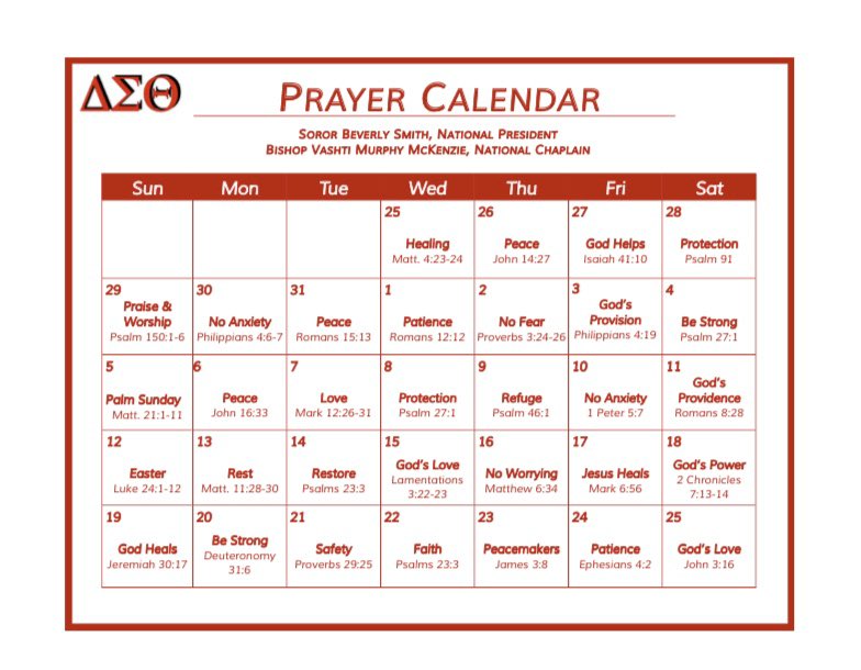 “Our courage is found in the Word of God, and our fortitude is fueled in prayer. Let us pray, plan, prepare instead of panic!” Bishop Vashti Murphy McKenzie, National Chaplain
Please use this calendar and pray either at 9 a.m. or 9 p.m. each day. #FortitudeFueledInPrayer #DST1913