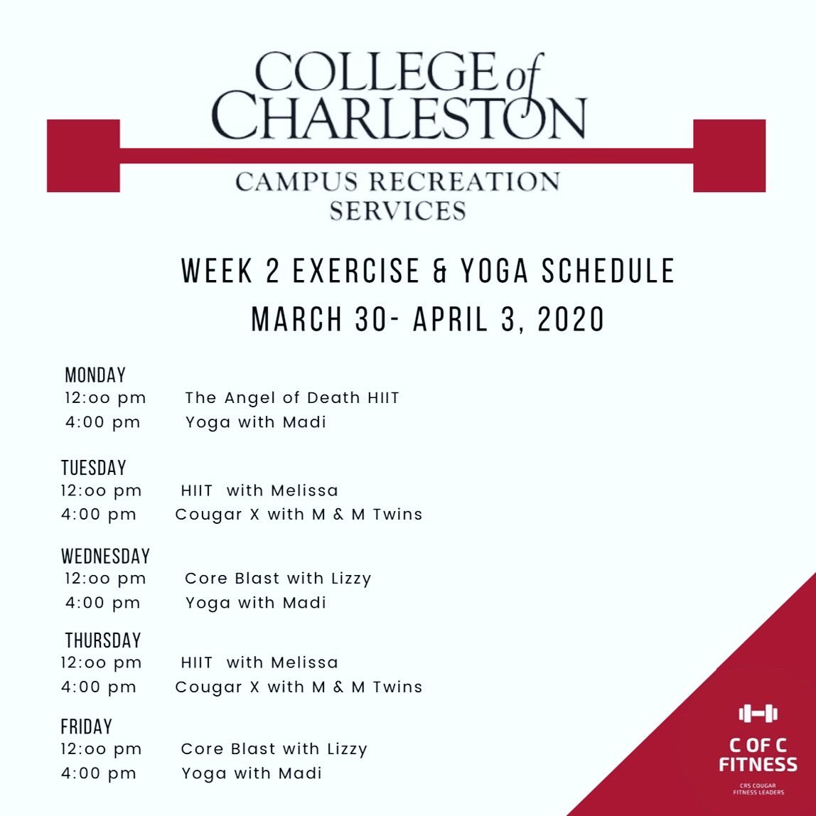 Trying to stay healthy while stuck at home? Go follow @cofcfitness on Instagram for weekly training tips and challenges!