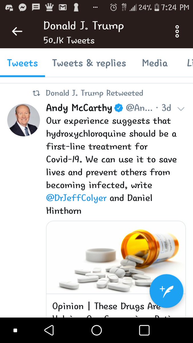 His RT further promoting an UNapproved drug that he touted on a live address to the nation, which directly redulted in the death of a man who, because HE(Trump) said it was greatwonderfulfantastic, took it....and died.