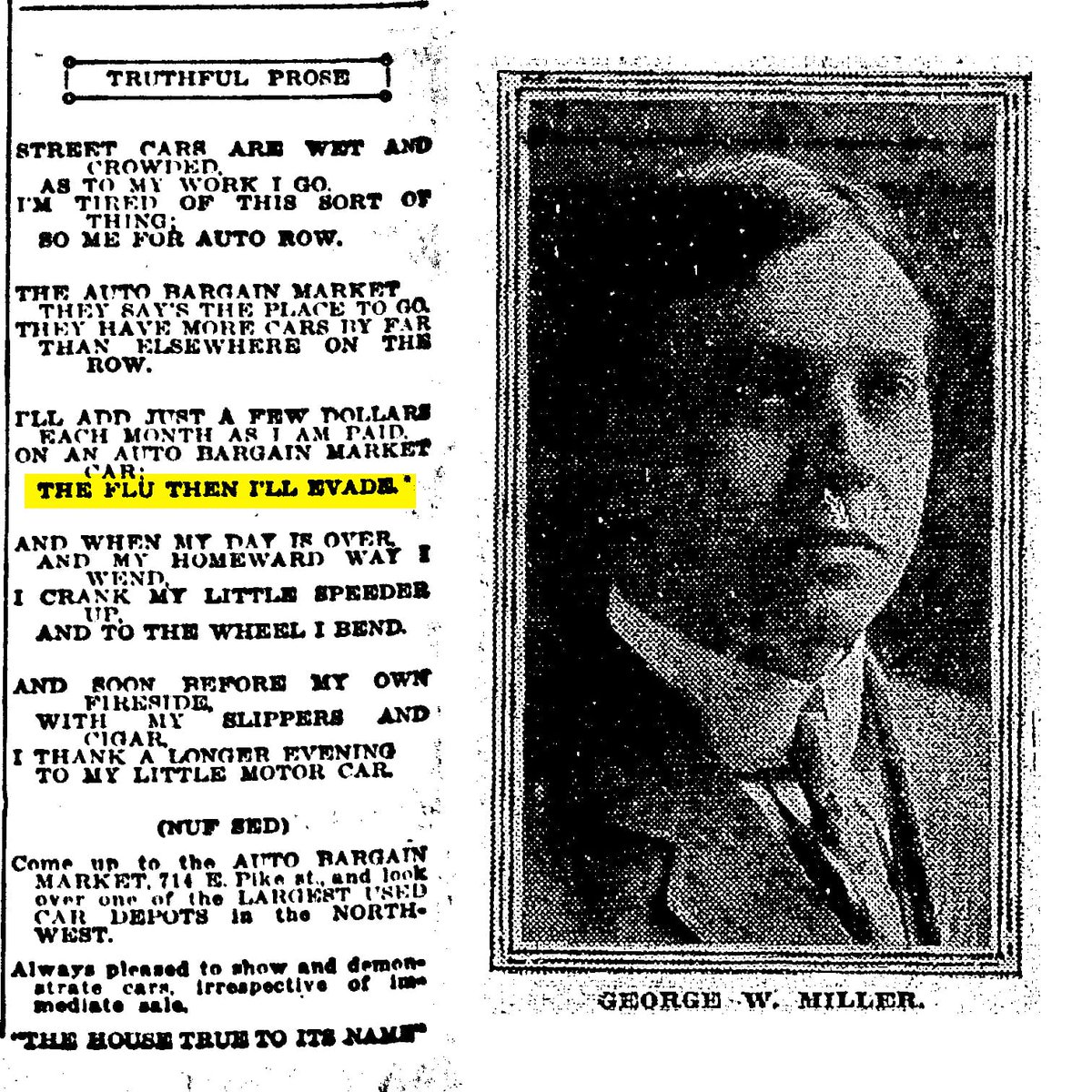recapseattle's tweet photo. Been researching how people on Capitol Hill handled the 1918 Spanish Flu and found this "Truthful Prose" on social distancing from a used car dealer. Stay tuned for more. #spanishflu #1918pandemic #coronavirus #seattlehistory #capitolhillseattle #autorow https://t.co/g3T5y75JI0