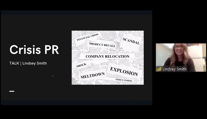 weTALKpr's tweet photo. #TodayInTALK @Lindsey_SmithPR gave her #MiniBootCamp presentation on #CrisisPR via @zoom_us  #QuarantineAndZoom #HowWeTALK #FlattenTheCurve #MCJ157 #WalkItLikeWeTalkIt #FresnoStateStrong #MCJStrong #TALKStrong #PRDogs @Fresno_State @FSMCJDept https://t.co/avuO4BApM6