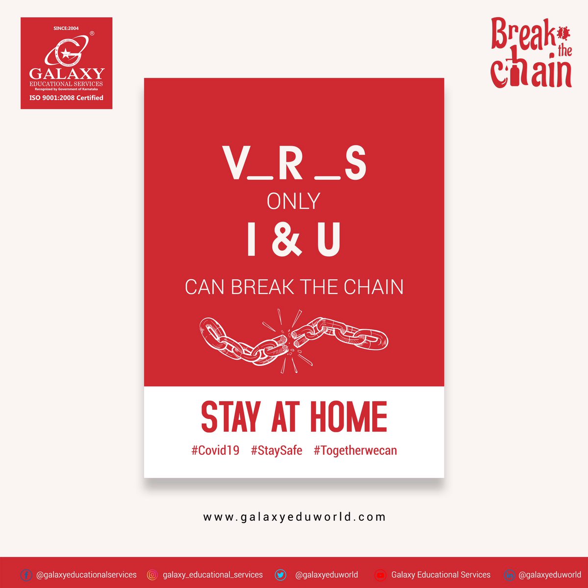 galaxyeduworld's tweet photo. V _R _S
Only
I & U
Can break the chain
Stay at home 🏡
_
#covid_19 #stayhome #stayhealthy #staysafe #avoidgoingout #avoidsocialgatherings #stopsteppingout #galaxyeduworld #ges #galaxyeducationalservices #BreakTheChain https://t.co/44sBaow9Vl