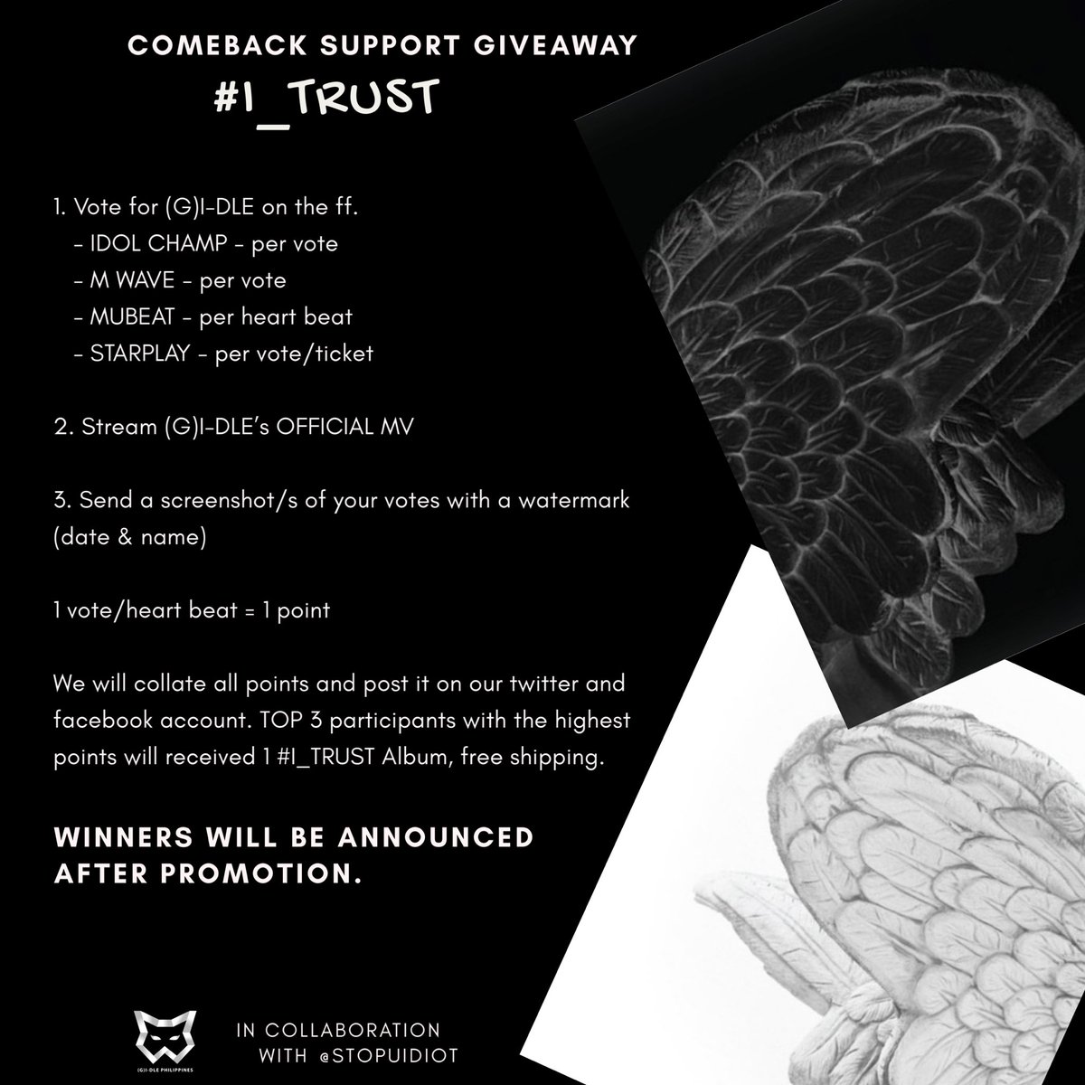  COMEBACK SUPPORT GIVEAWAY  #I_TRUST   [PH NEVIES ONLY ]In collaboration with  @stopuidiot, we will be giving out 3  #I_TRUST   Album to support  @G_I_DLE’s comeback! We will also shoulder the shipping fee.Please see mechanics below.  #여자아이들    #GIDLE   #네버랜드  #NEVERLAND