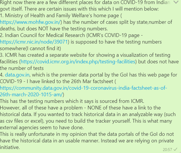 arramiah's tweet photo. @PMOIndia , @MoHFW_INDIA , None of the govt data portals have COVID-19 historical data in a usable manner (in csv, excel..). Private parties are building the history on their own. Please provide the historical data (for past two months daily and going forward daily) in csv. https://t.co/JIob0KXY63