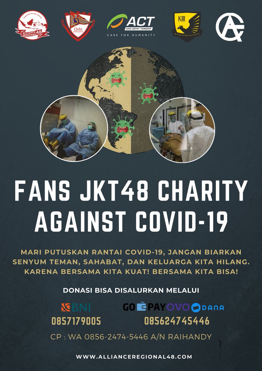 Fans JKT48 lawan Covid-19!
Pandemi virus corona telah menghantam Indonesia dan berakibat pada pelemahan di berbagai sektor. Dengan menyatukan semangat dan dukungan kita, mari bersama-sama kita putuskan rantai penyebaran virus corona di Indonesia!
We are One!
#FansJKT48LawanCorona